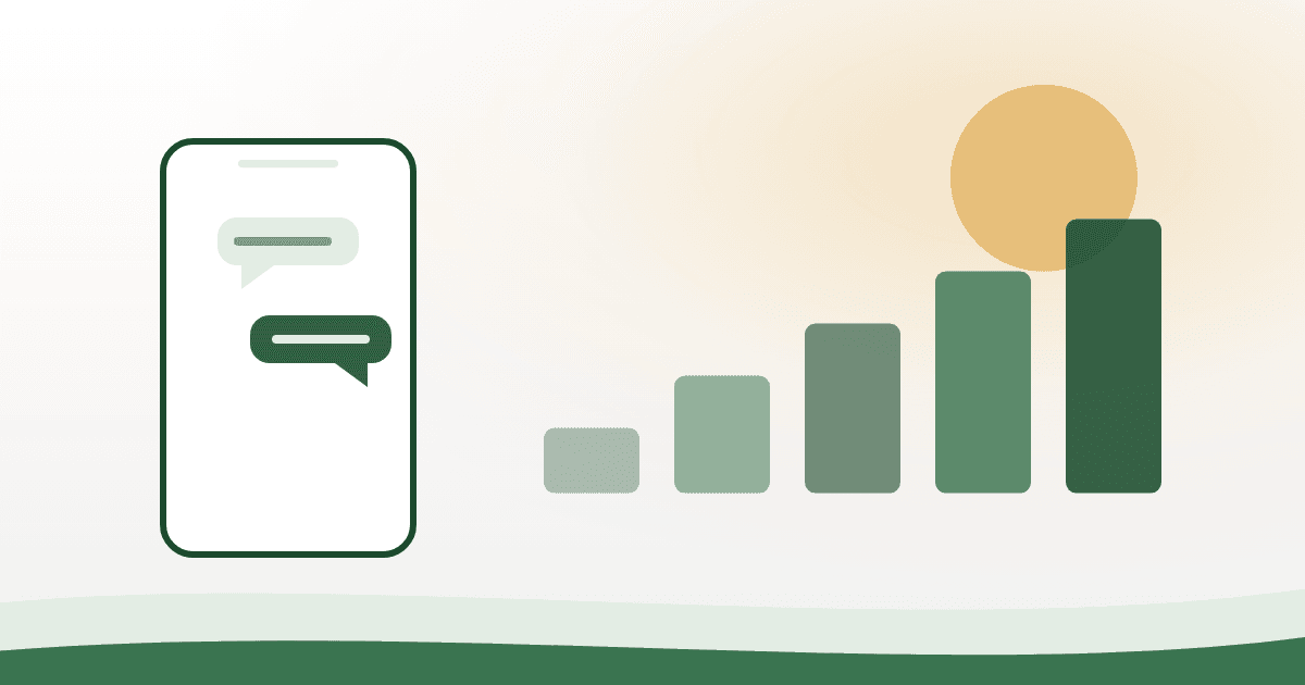 An illustration of a phone, a first message, and steps rising like a course.